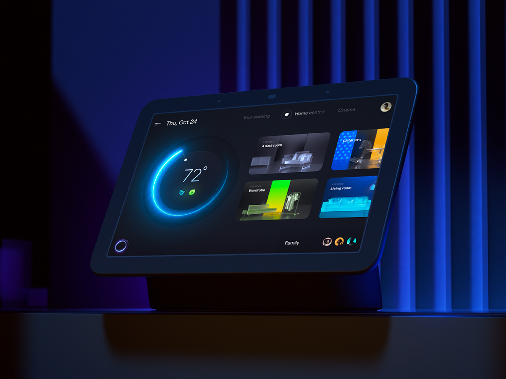 Smart home control interface on a tablet, displaying temperature and room controls, powered by Zapperr AV technology.