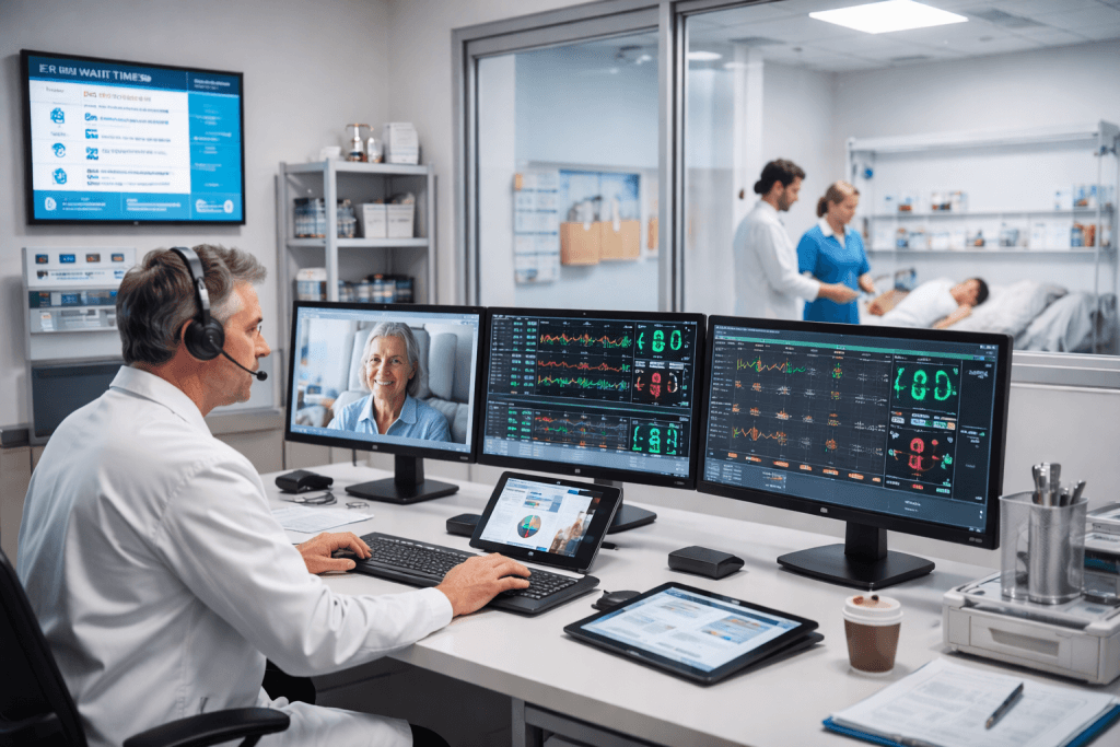 Healthcare AV integration control room with doctor conducting telehealth consultation and monitoring patient vital signs on multiple digital displays in a modern hospital setting.