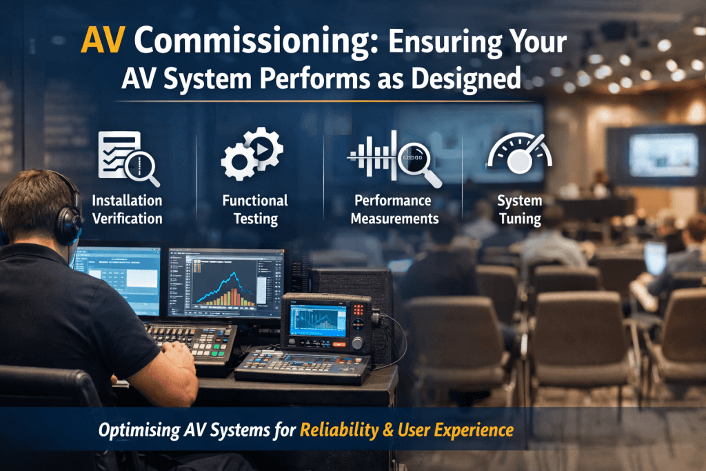 Technician performing AV commissioning in a conference room.