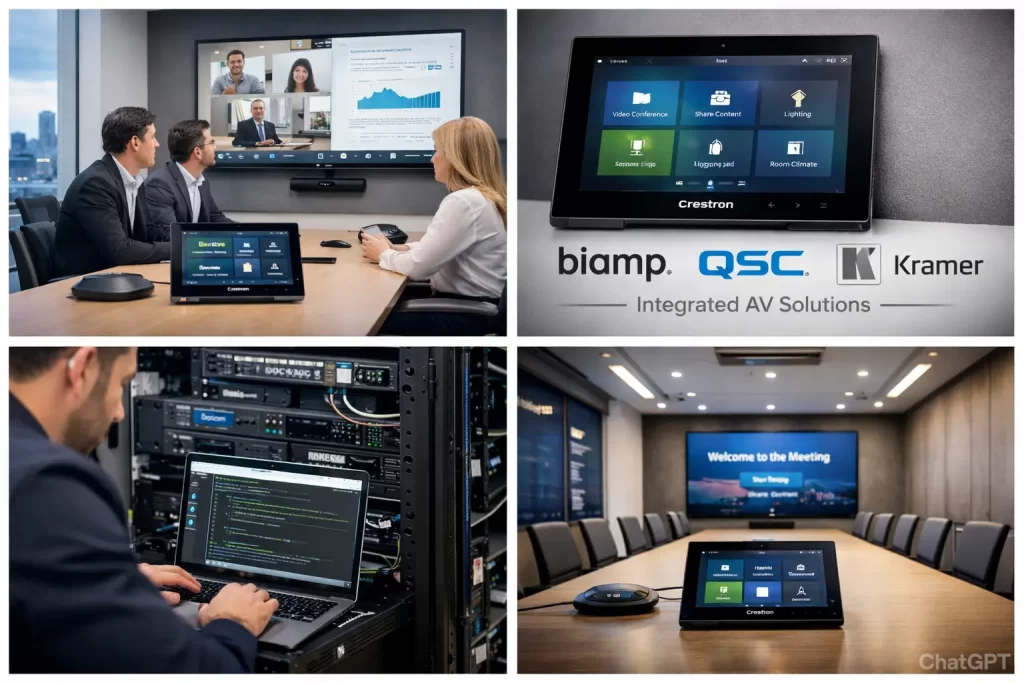 Crestron-controlled meeting room with video conferencing, touch panel, and integrated AV system.