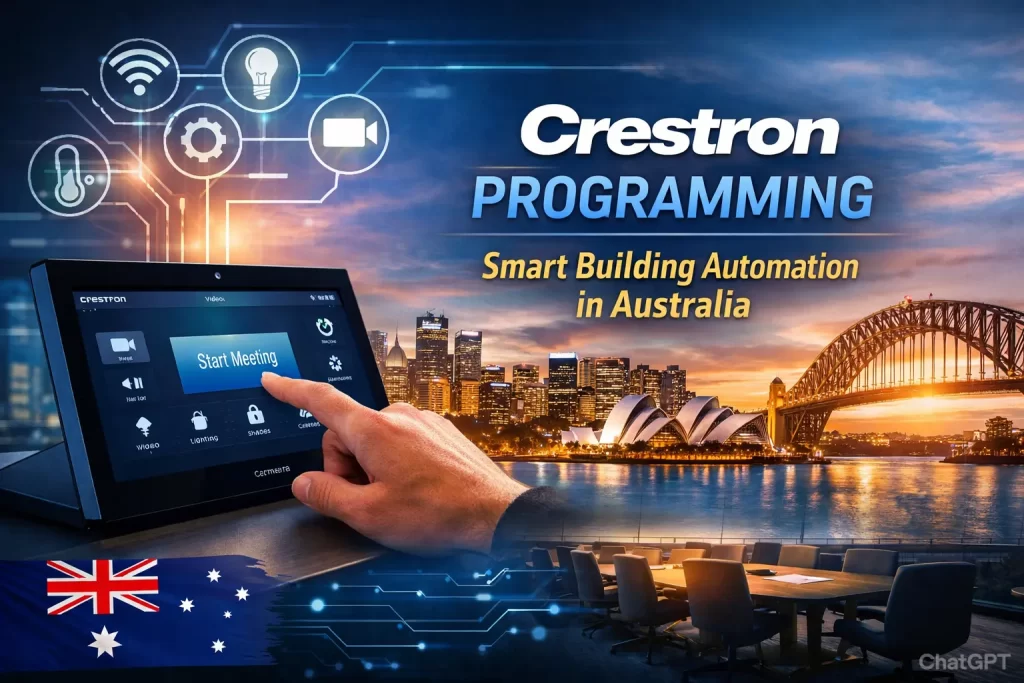 Crestron programming touchscreen controlling smart building automation with Sydney skyline and Harbour Bridge in background, representing AV control services in Australia.