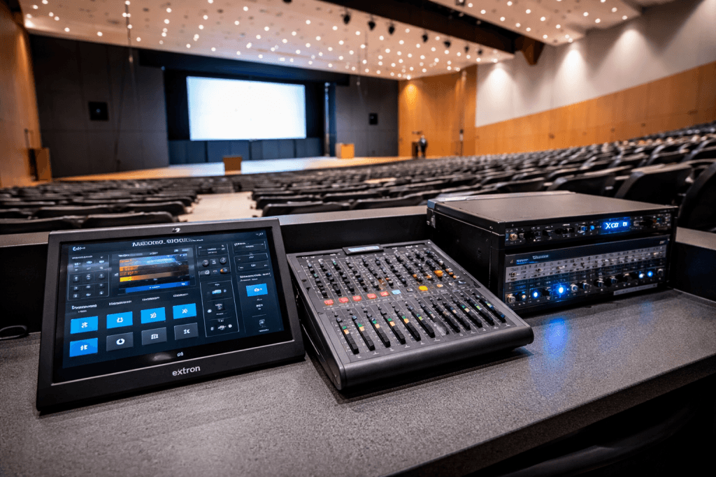 Extron auditorium AV control system with touch panel, audio mixer, and rack-mounted processor in a modern conference center control room.