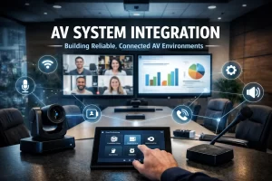 Integrated AV system in modern meeting room.