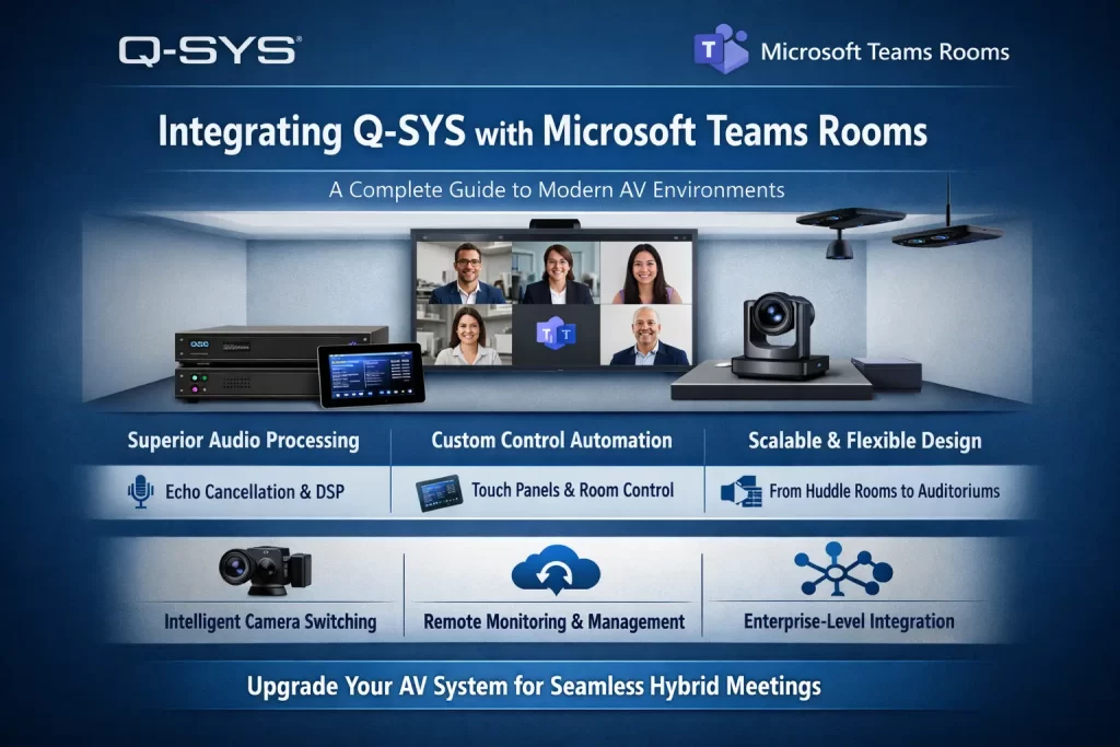 Infographic showing Q-SYS integration with Microsoft Teams Rooms, featuring DSP audio processing, touch panel control, intelligent camera switching, remote monitoring, and scalable AV system design for hybrid meeting environments.