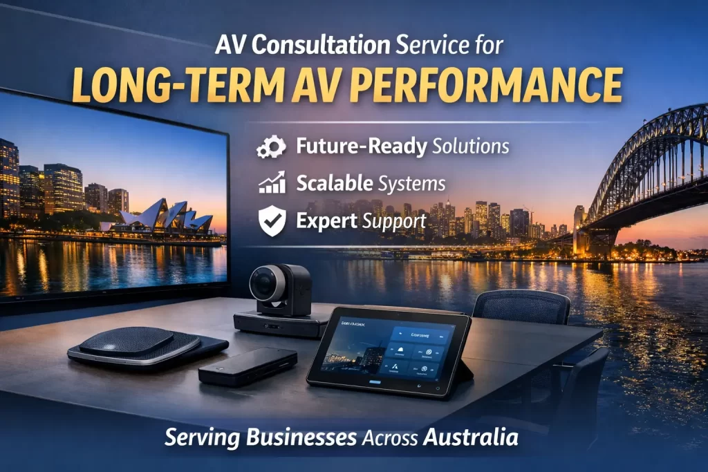 Conference room with modern AV system and video conferencing setup.