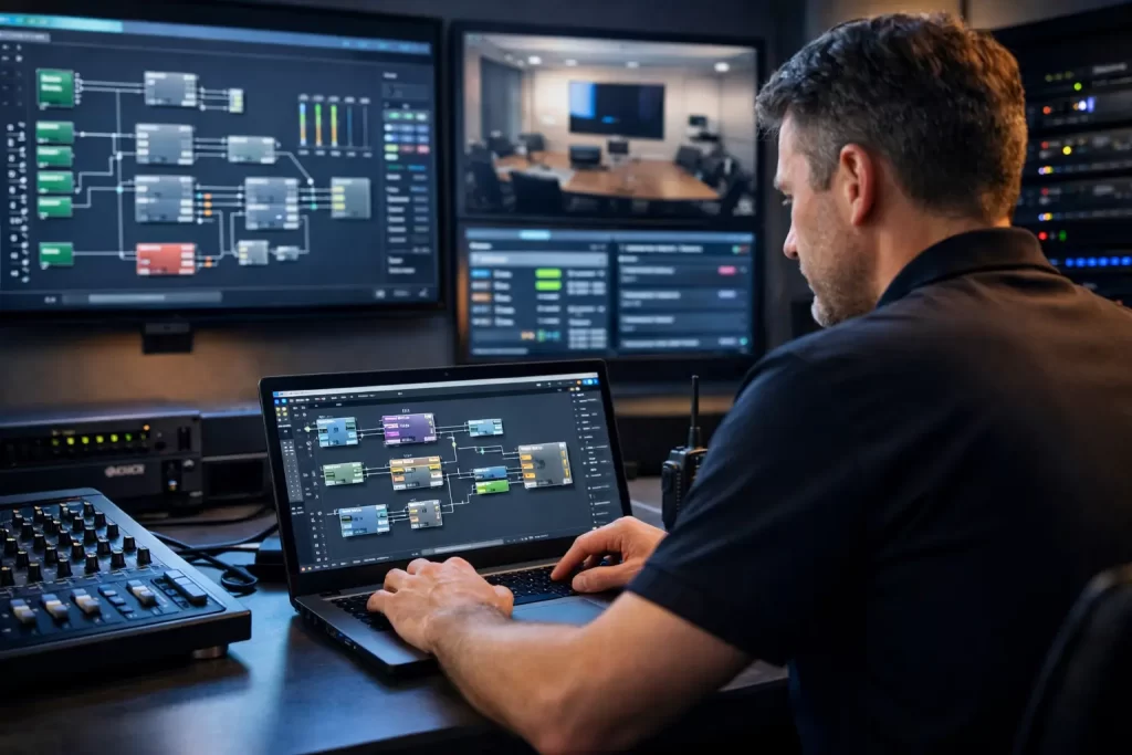 Q-SYS programming interface used by an AV integrator to design audio DSP signal flow and control systems for enterprise audiovisual installations.