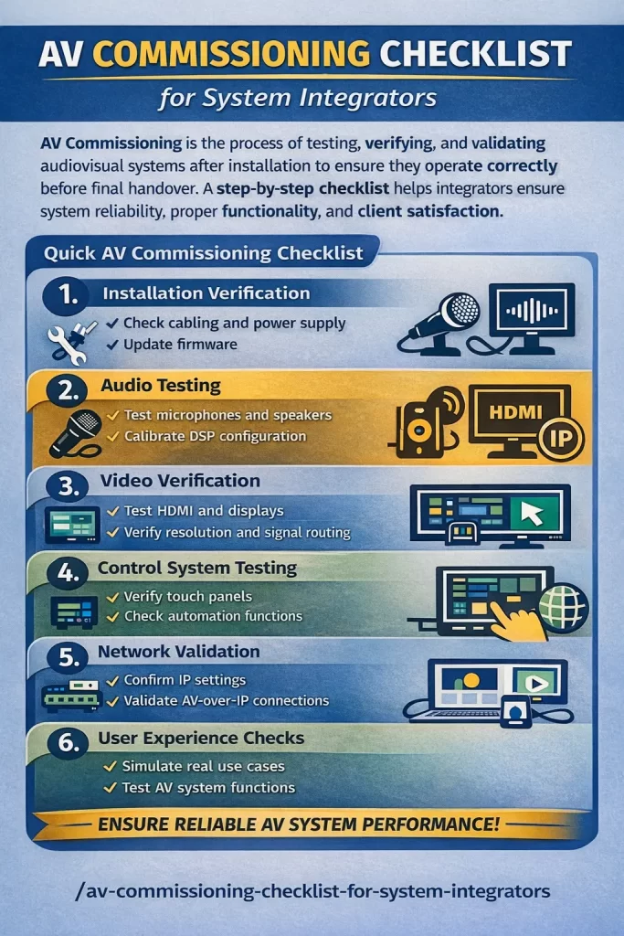 AV commissioning checklist for system integrators verifying audio video systems before project handover