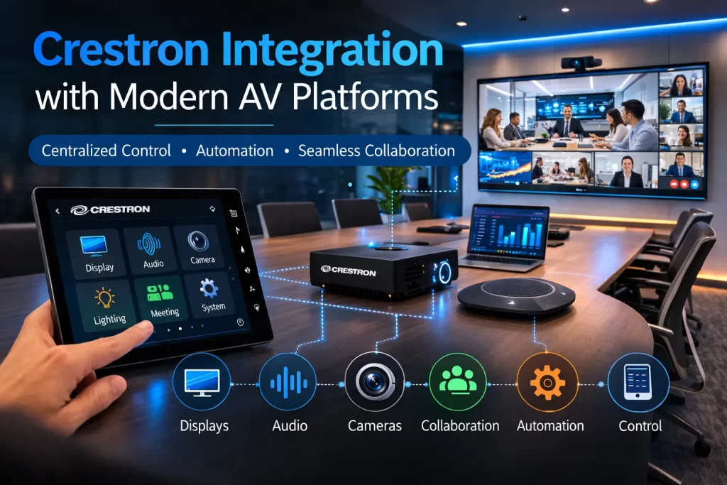 A wide-angle view of a modern enterprise conference room featuring a Crestron touch screen interface on the table, integrated with wall-mounted displays and ceiling microphones for unified AV control.