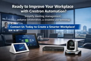 Crestron automation system controlling meeting room AV devices and video conferencing equipment