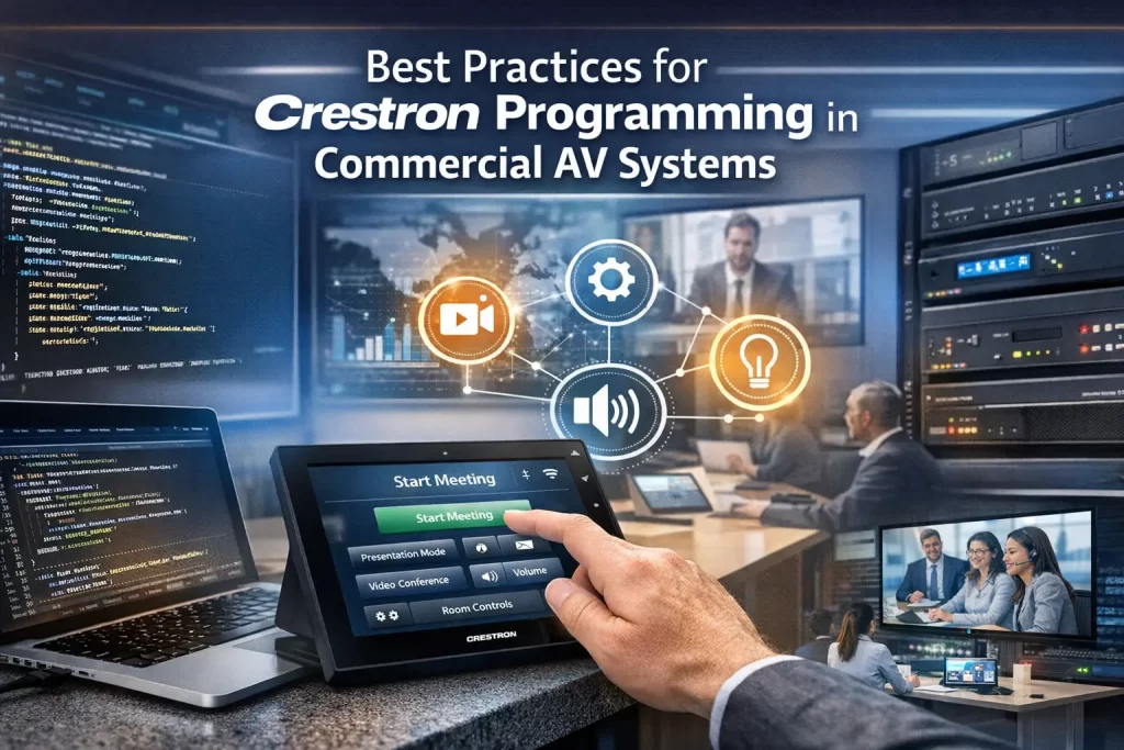 Crestron programming interface controlling commercial AV systems in a smart meeting room with touch panel automation and video conferencing setup