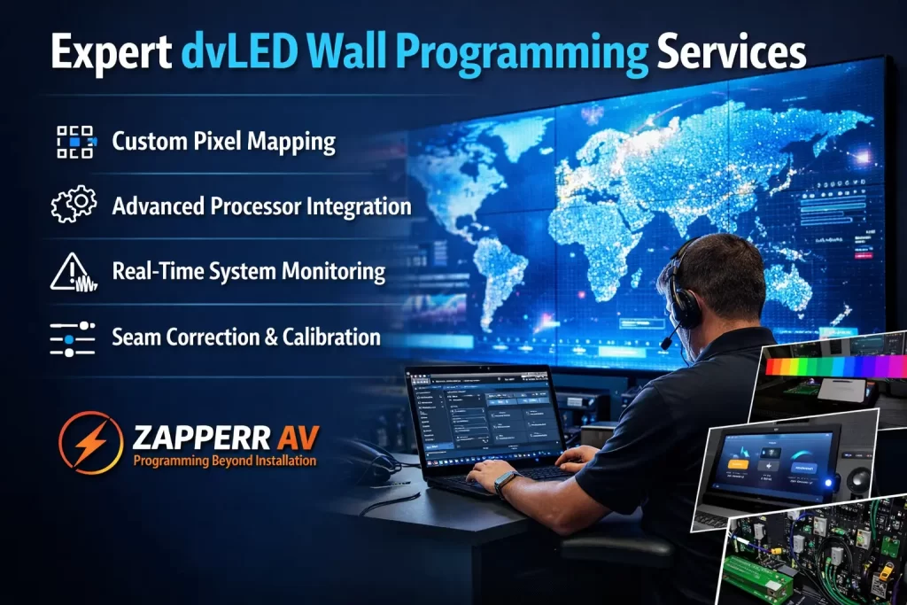 Expert dvLED Wall Programming services with technician configuring LED video wall and AV control system for seamless display performance.