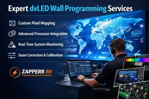Expert dvLED Wall Programming services with technician configuring LED video wall and AV control system for seamless display performance.