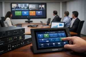 Extron Control Systems touchscreen panel controlling audiovisual devices in an enterprise meeting room environment.