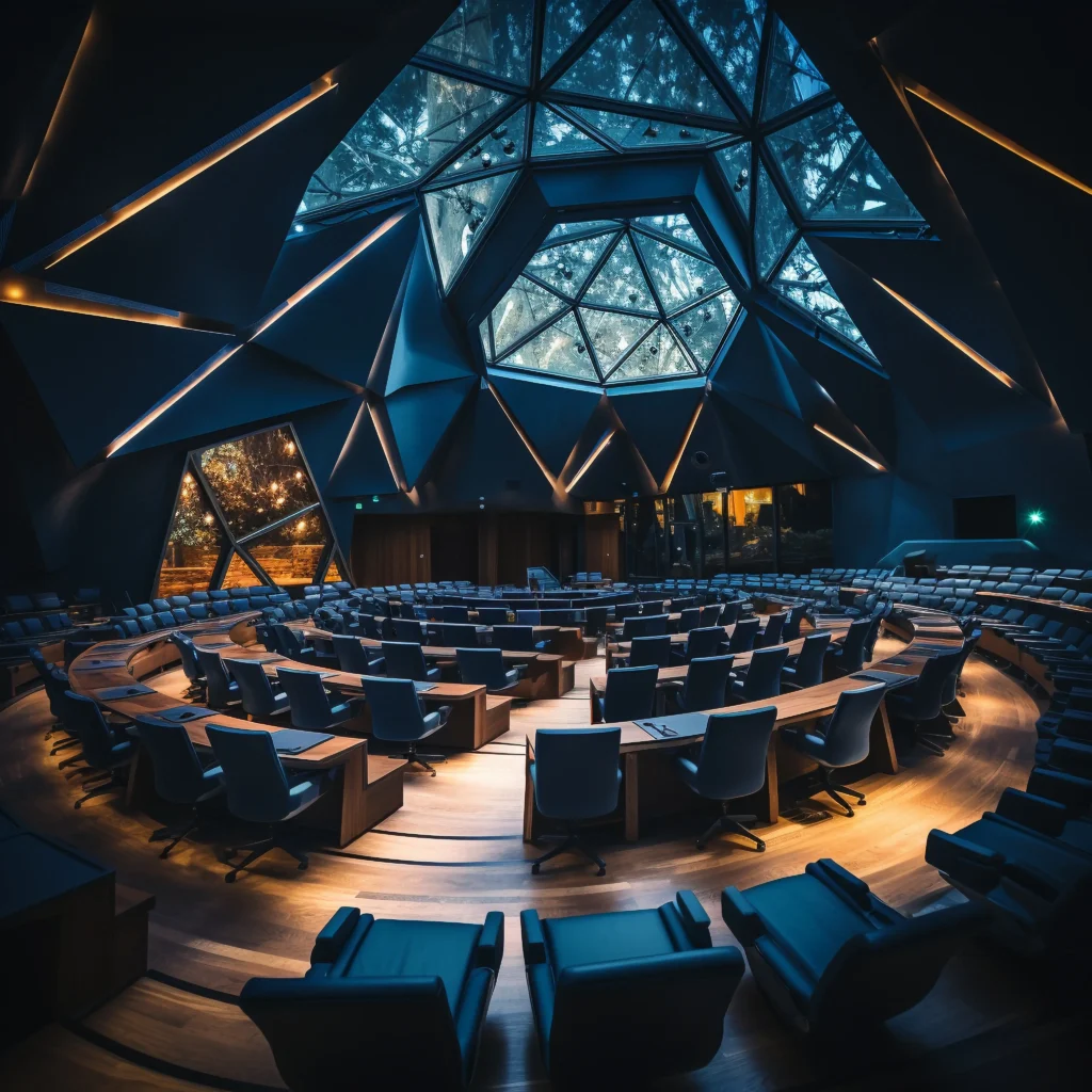 AV design setup for auditorium with large display speakers and stage lighting