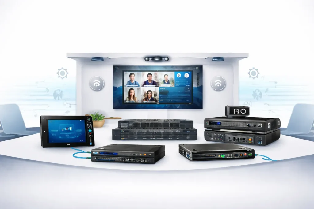 Multi-platform AV system with control panel, DSP, switcher and networked audio setup in a modern conference room