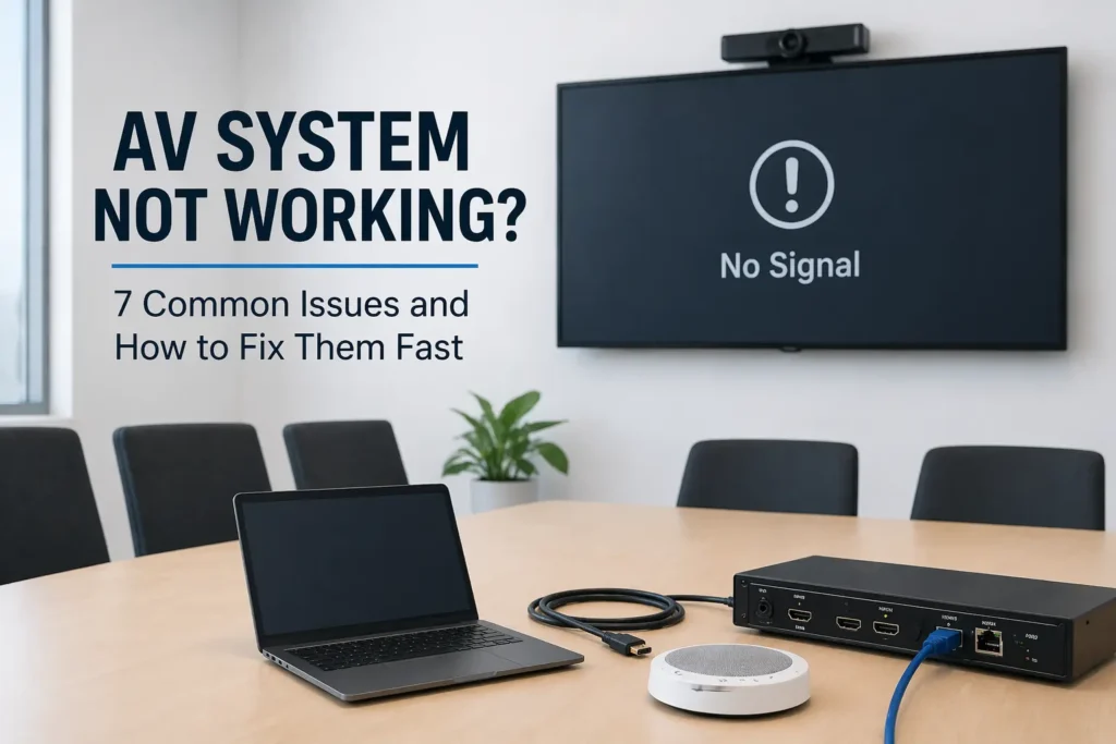 Technician fixing AV system with display and audio equipment