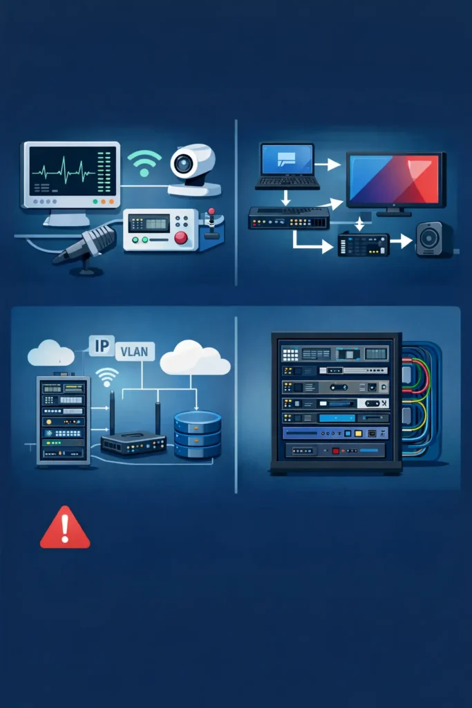 Hospital AV system diagram showing devices, signal flow, network setup, and rack layout in healthcare environment