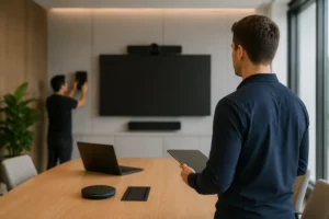 AV project manager supervising a modern conference room AV installation with display screens, video conferencing equipment, and enterprise meeting room technology in Australia.