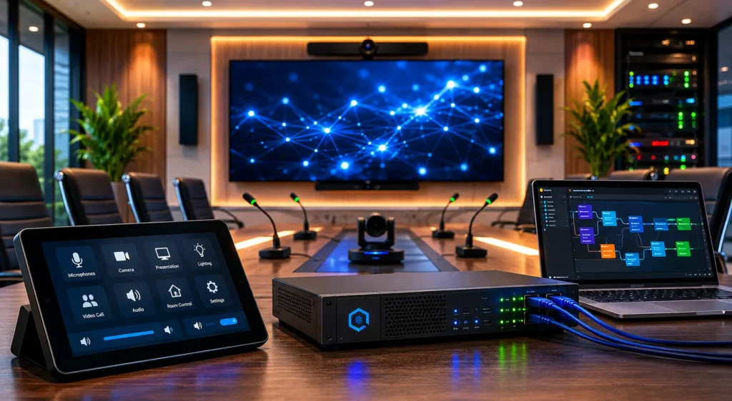 Certified Q-SYS programmer configuring enterprise AV system in a modern hybrid meeting room with advanced automation and AV control technology