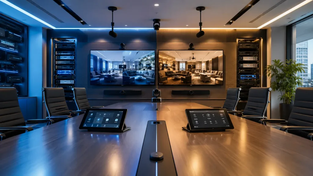 Enterprise meeting room featuring advanced AV control systems, smart automation, touch panels, conferencing technology, and networked audiovisual infrastructure.