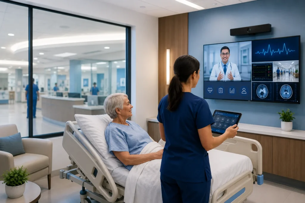 Modern hospital patient room featuring advanced audiovisual technology, telemedicine display, healthcare professional using a tablet, and smart healthcare communication systems to improve patient care and operational efficiency.