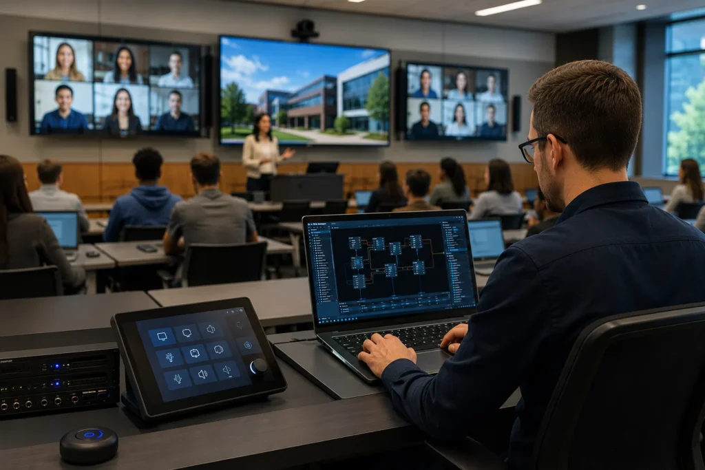 QSYS programmer configuring AV control systems in a modern university classroom with hybrid learning technology, video conferencing displays, and smart campus solutions.