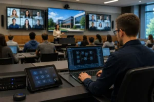 QSYS programmer configuring AV control systems in a modern university classroom with hybrid learning technology, video conferencing displays, and smart campus solutions.
