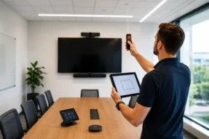 AV consultant conducting a site survey in a modern conference room.