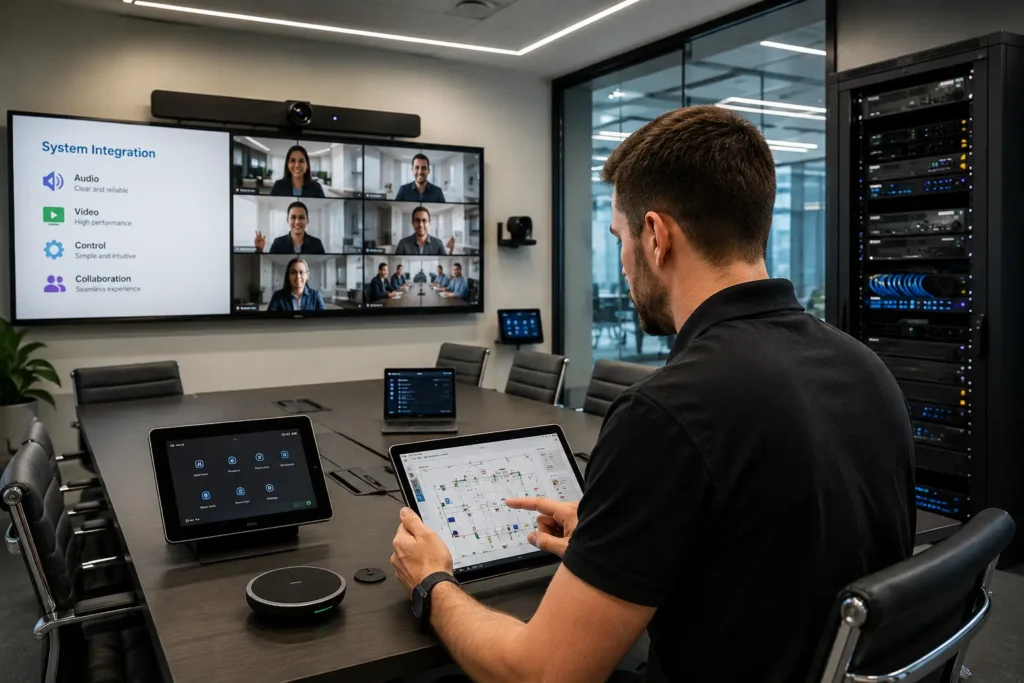 Experienced AV integrator testing a modern meeting room system in Australia