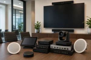 Commercial AV hardware including a PTZ camera, conference speakers, control system, AV processor, and large display in a modern meeting room.