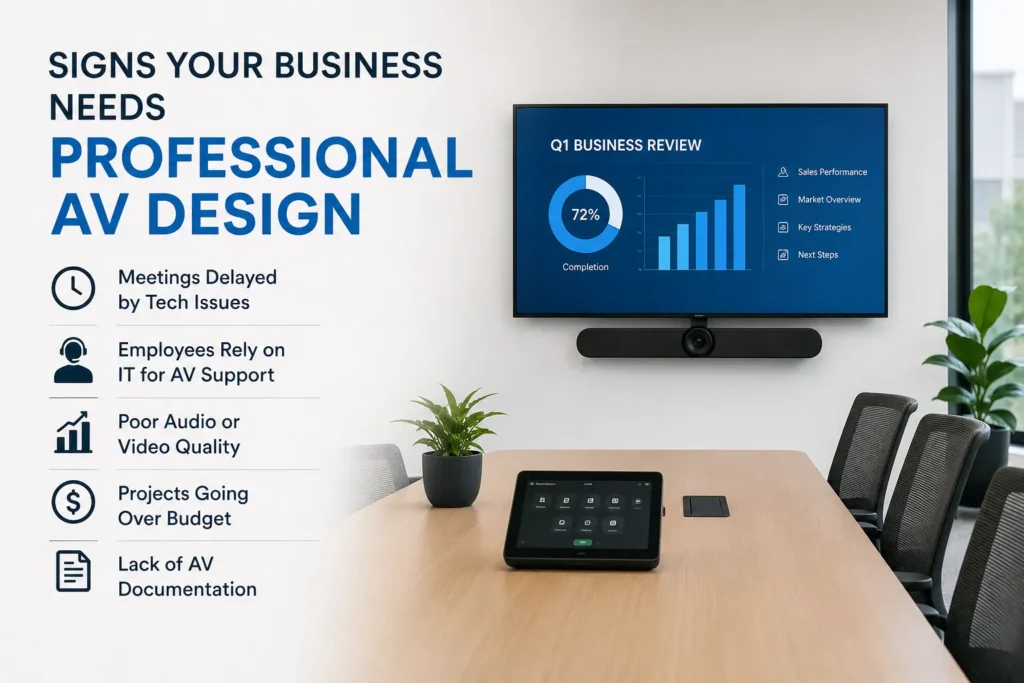 Modern commercial meeting room with professional AV design featuring a wall-mounted display, video conferencing camera, touch control panel, and collaboration technology.