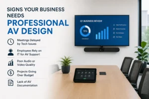 Modern commercial meeting room with professional AV design featuring a wall-mounted display, video conferencing camera, touch control panel, and collaboration technology.