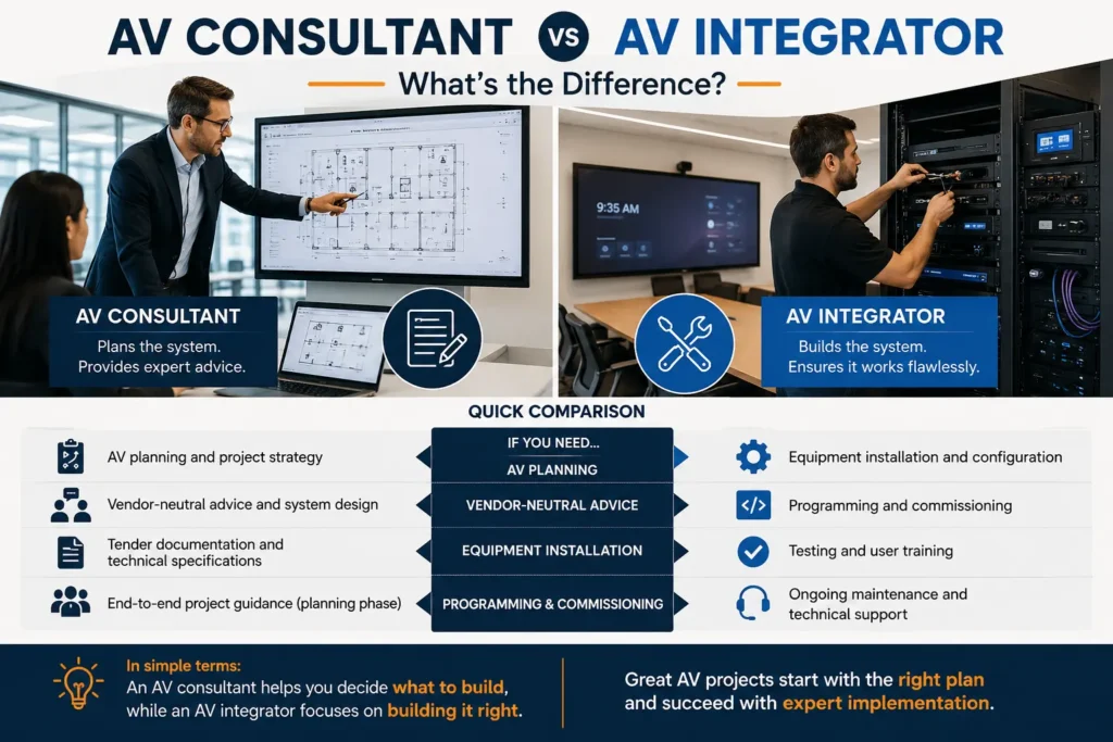 An AV consultant focuses on planning and system design, while an AV integrator installs, programs, commissions, and supports commercial AV systems.