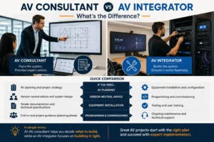 An AV consultant focuses on planning and system design, while an AV integrator installs, programs, commissions, and supports commercial AV systems.