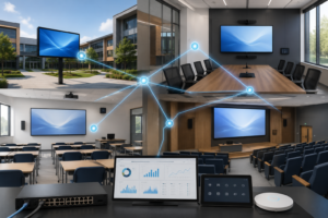 Modern school campus with connected digital displays, classrooms, lecture halls, and centralized AV infrastructure for scalable multi-building deployments.