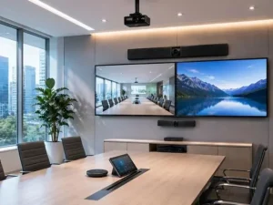 Modern enterprise meeting room with integrated AV system including dual displays, PTZ camera, ceiling microphones, speakers, and touch control panel designed for reliable hybrid collaboration.
