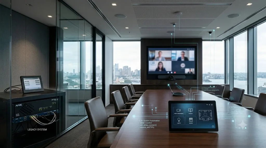 AMX programming and modern AV control systems in a commercial conference room