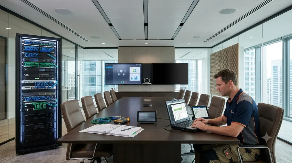 Commercial AV technician performing maintenance and system checks on conference room equipment