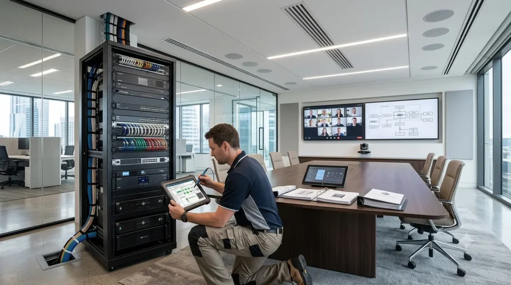 Commercial AV systems integrator testing and commissioning professional audiovisual equipment