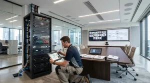 Commercial AV systems integrator testing and commissioning professional audiovisual equipment
