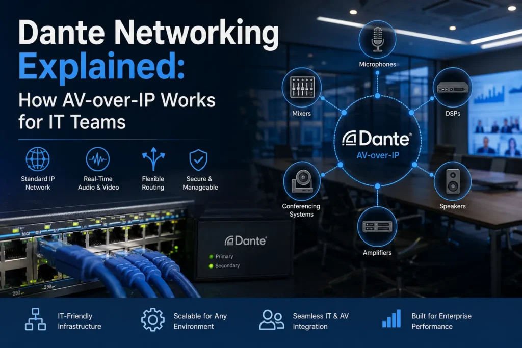 Dante networking AV-over-IP system connecting microphones, DSPs, speakers, amplifiers and IT network infrastructure