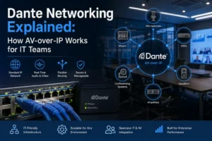 Dante networking AV-over-IP system connecting microphones, DSPs, speakers, amplifiers and IT network infrastructure