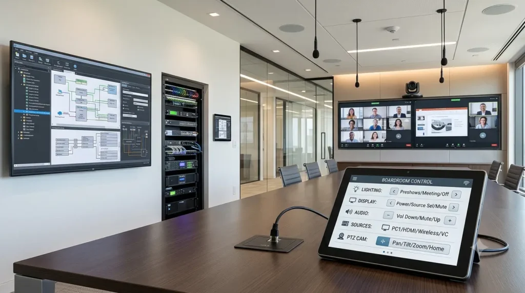 Extron vs Crestron commercial AV control platform comparison in a modern boardroom