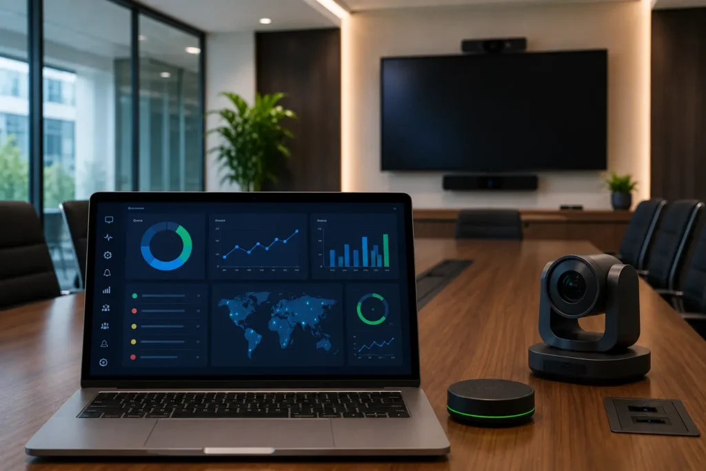 Modern conference room with a laptop displaying a remote AV monitoring dashboard, PTZ camera, smart speaker, and integrated audiovisual technology for proactive device management.