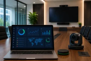 Modern conference room with a laptop displaying a remote AV monitoring dashboard, PTZ camera, smart speaker, and integrated audiovisual technology for proactive device management.