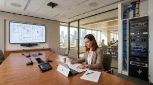 AV professional reviewing a commercial audio visual system scope and design