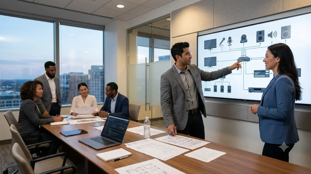 AV consultant reviewing commercial AV system design with client