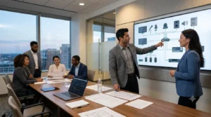 AV consultant reviewing commercial AV system design with client
