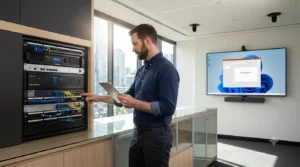 AV engineer reviewing audiovisual system documentation during project handover
