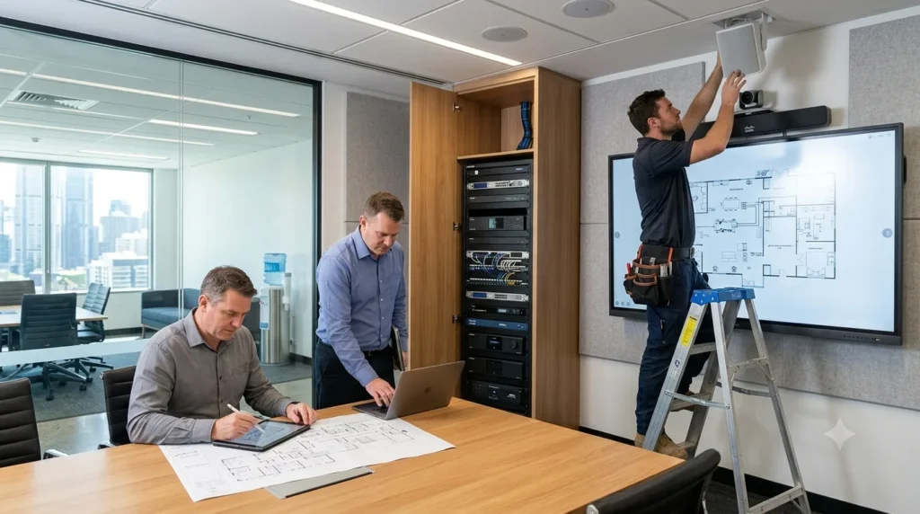 AV integrator, installer and consultant working on an audiovisual system